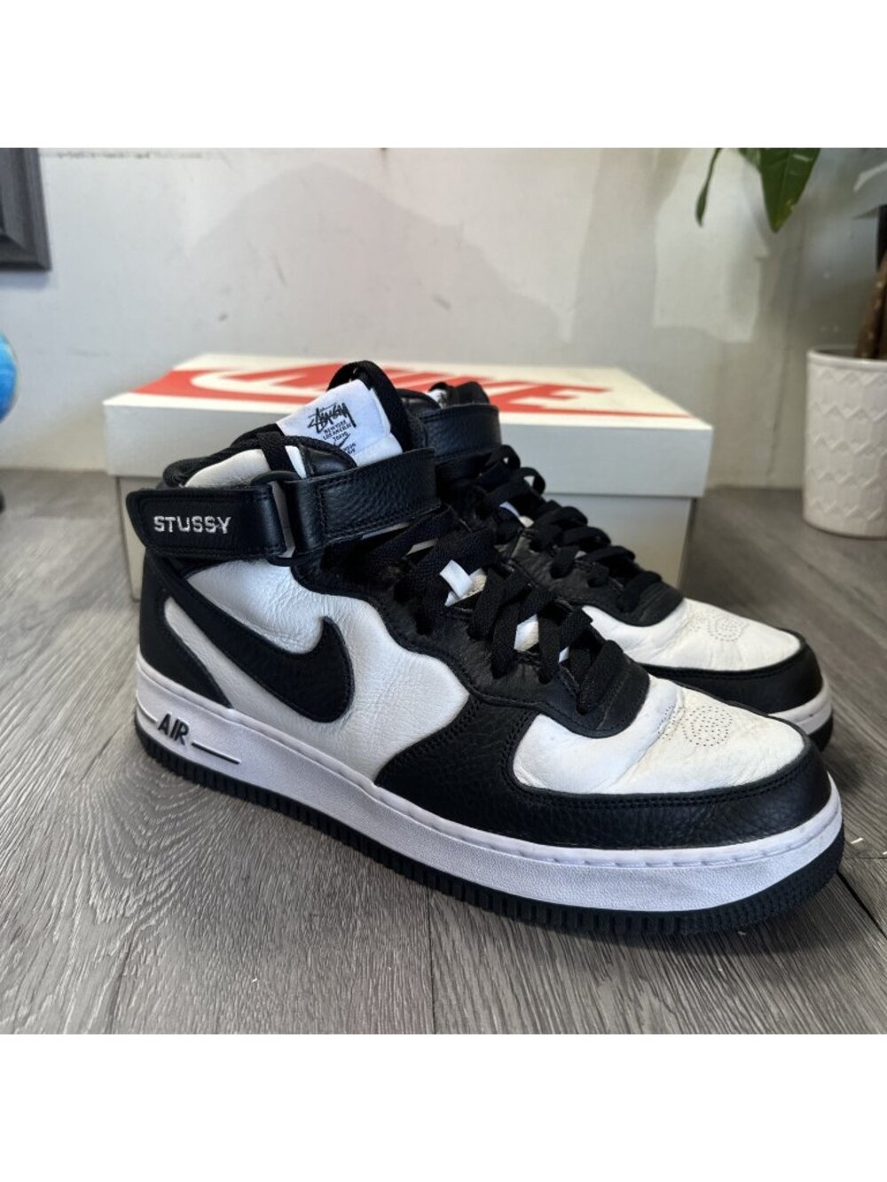 Nike Air Force 1 Mid Stussy Black White Sneaker Shoes Logo DJ7840-002 Mens 10.5